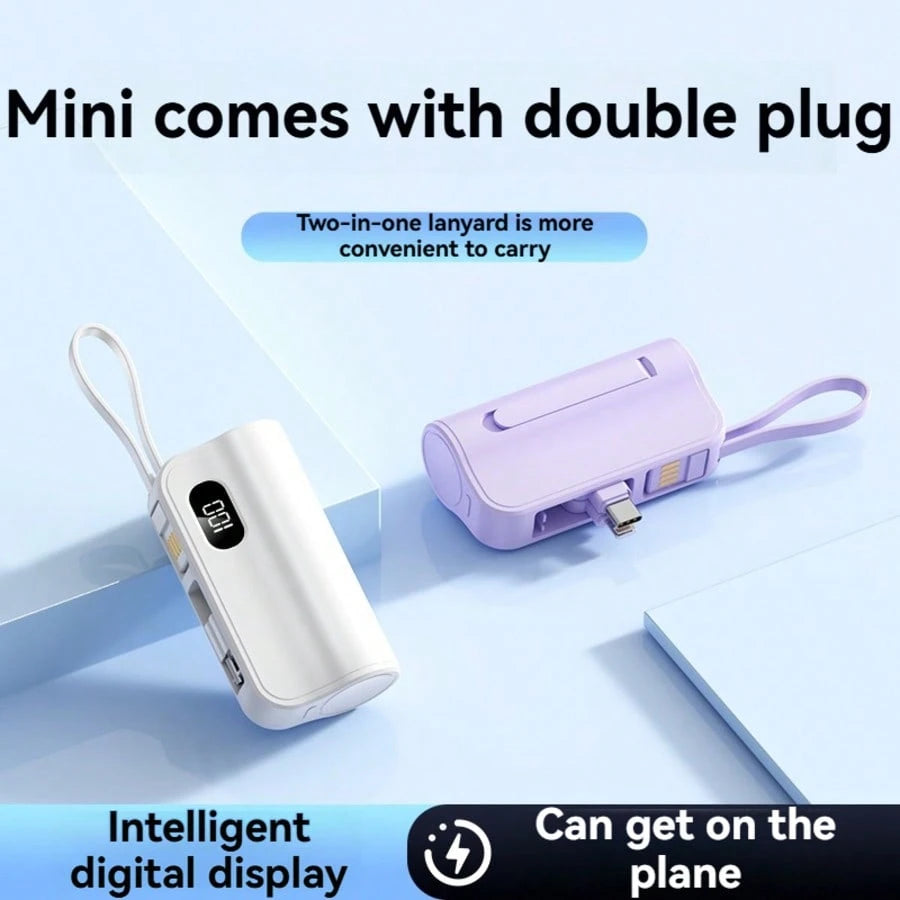3-In-1 Mini Portable Power Bank, Hidden Tail Plug Battery Charger, With Phone Stand, LCD Power Display, 5000mAh Large Capacity, Self-Charging Data Cable, Dual Plug Rotating Design, Suitable For Variou