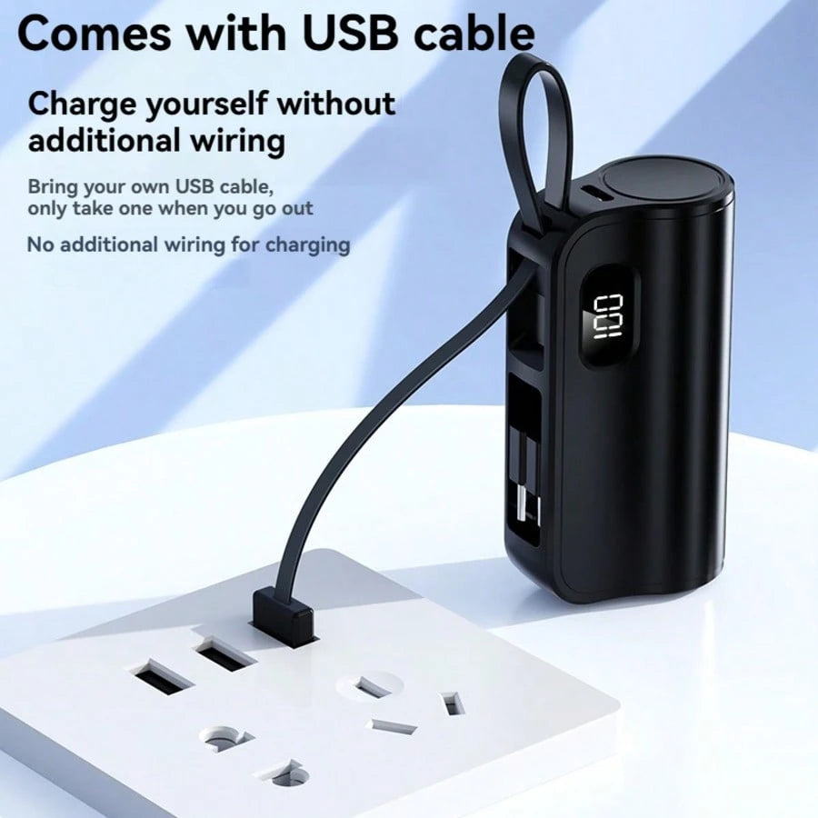 3-In-1 Mini Portable Power Bank, Hidden Tail Plug Battery Charger, With Phone Stand, LCD Power Display, 5000mAh Large Capacity, Self-Charging Data Cable, Dual Plug Rotating Design, Suitable For Variou