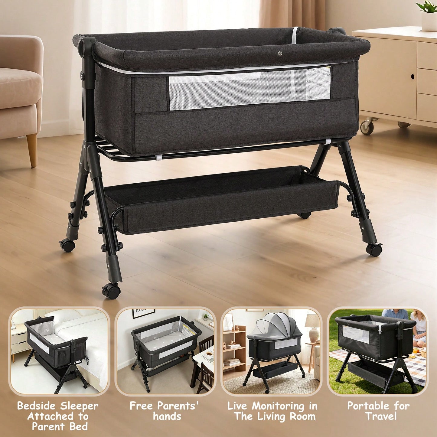 3-In1 Baby Bassinet Bedside Crib, Pack And Play With Storage Basket And Side Zipper,6 Adjustable Height