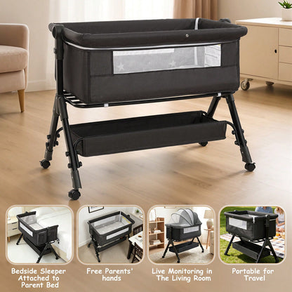 3-In1 Baby Bassinet Bedside Crib, Pack And Play With Storage Basket And Side Zipper,6 Adjustable Height