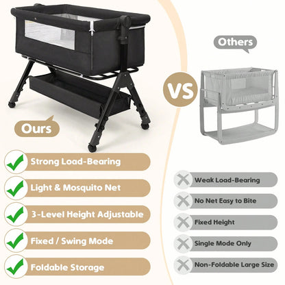 3-In1 Baby Bassinet Bedside Crib, Pack And Play With Storage Basket And Side Zipper,6 Adjustable Height