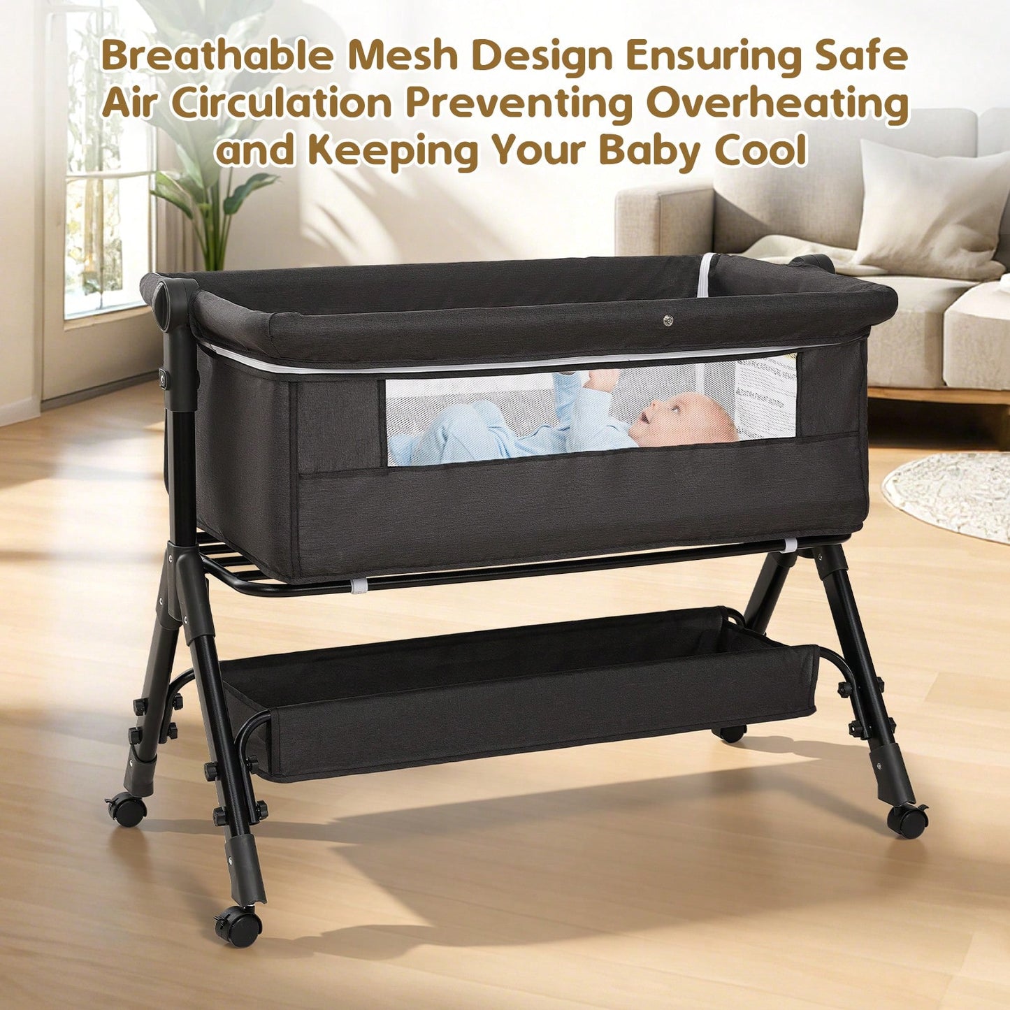 3-In1 Baby Bassinet Bedside Crib, Pack And Play With Storage Basket And Side Zipper,6 Adjustable Height