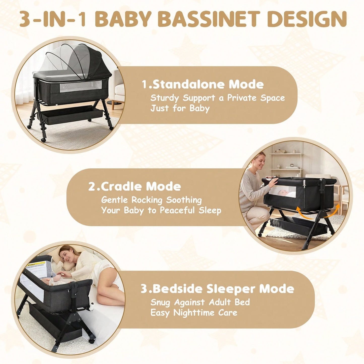 3-In1 Baby Bassinet Bedside Crib, Pack And Play With Storage Basket And Side Zipper,6 Adjustable Height