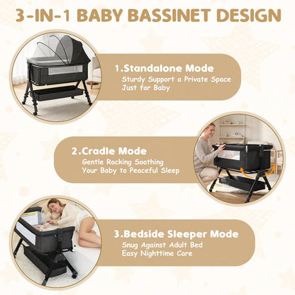 3-In1 Baby Bassinet Bedside Crib, Pack And Play With Storage Basket And Side Zipper,6 Adjustable Height
