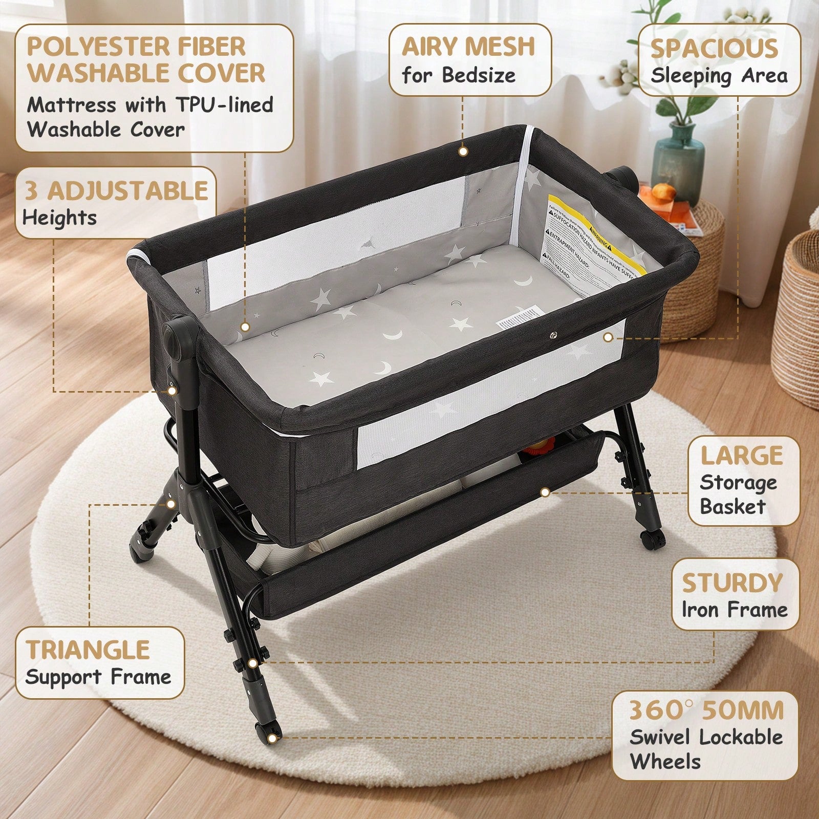 3-In1 Baby Bassinet Bedside Crib, Pack And Play With Storage Basket And Side Zipper,6 Adjustable Height