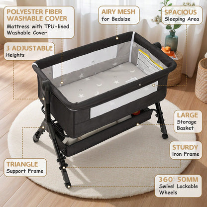 3-In1 Baby Bassinet Bedside Crib, Pack And Play With Storage Basket And Side Zipper,6 Adjustable Height