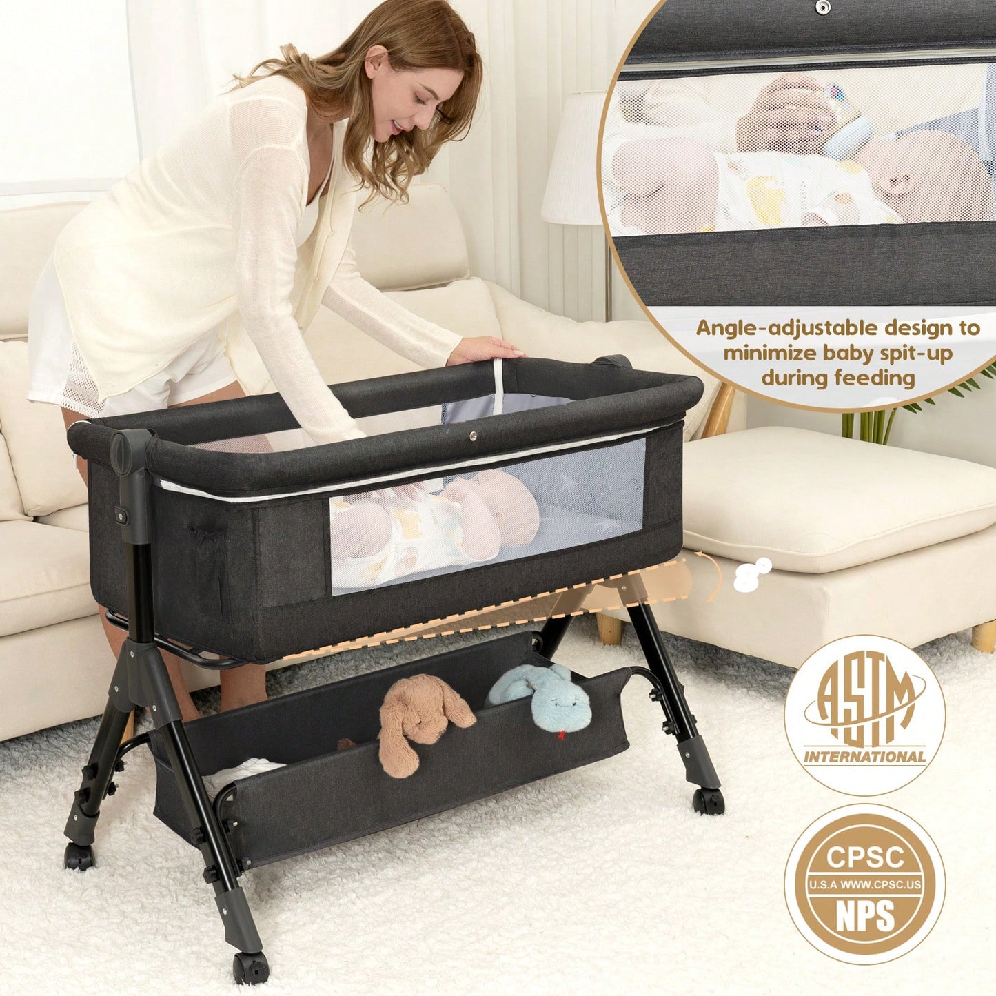 3-In1 Baby Bassinet Bedside Crib, Pack And Play With Storage Basket And Side Zipper,6 Adjustable Height