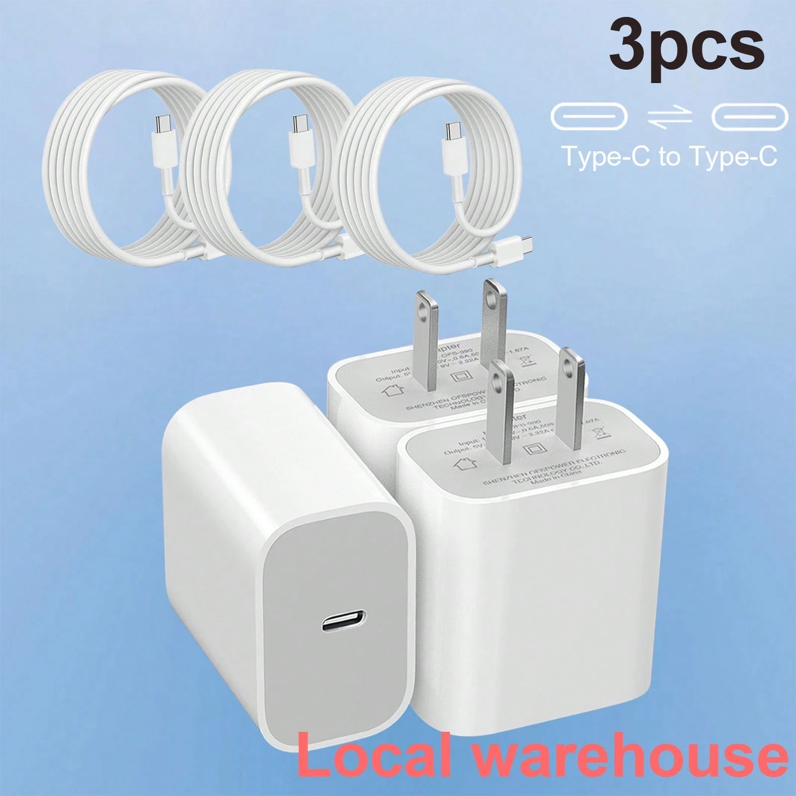 3-Pack Fast Charging Duo: Type C Charger + 4FT Type-C Cable| Blazing Fast Power For Phones| Perfect For Daily Use & Trips| Local Warehouse Phone Charger High Output Power
