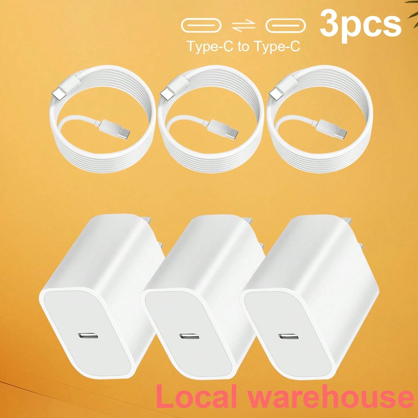 3-Pack Fast Charging Duo: Type C Charger + 4FT Type-C Cable| Blazing Fast Power For Phones| Perfect For Daily Use & Trips| Local Warehouse Phone Charger High Output Power
