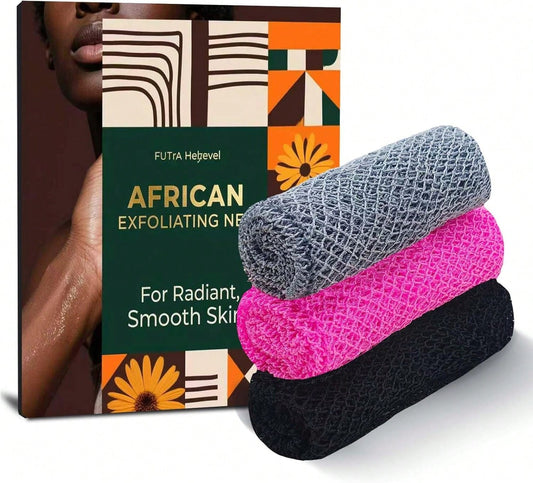 3 Pieces African Net Sponge Authentic, Exfoliating Scrubber Long Net Bath Sponge For All Skin Types, Body Scrubber For Women And Men Daily Use Body Care, Gentle Exfoliation