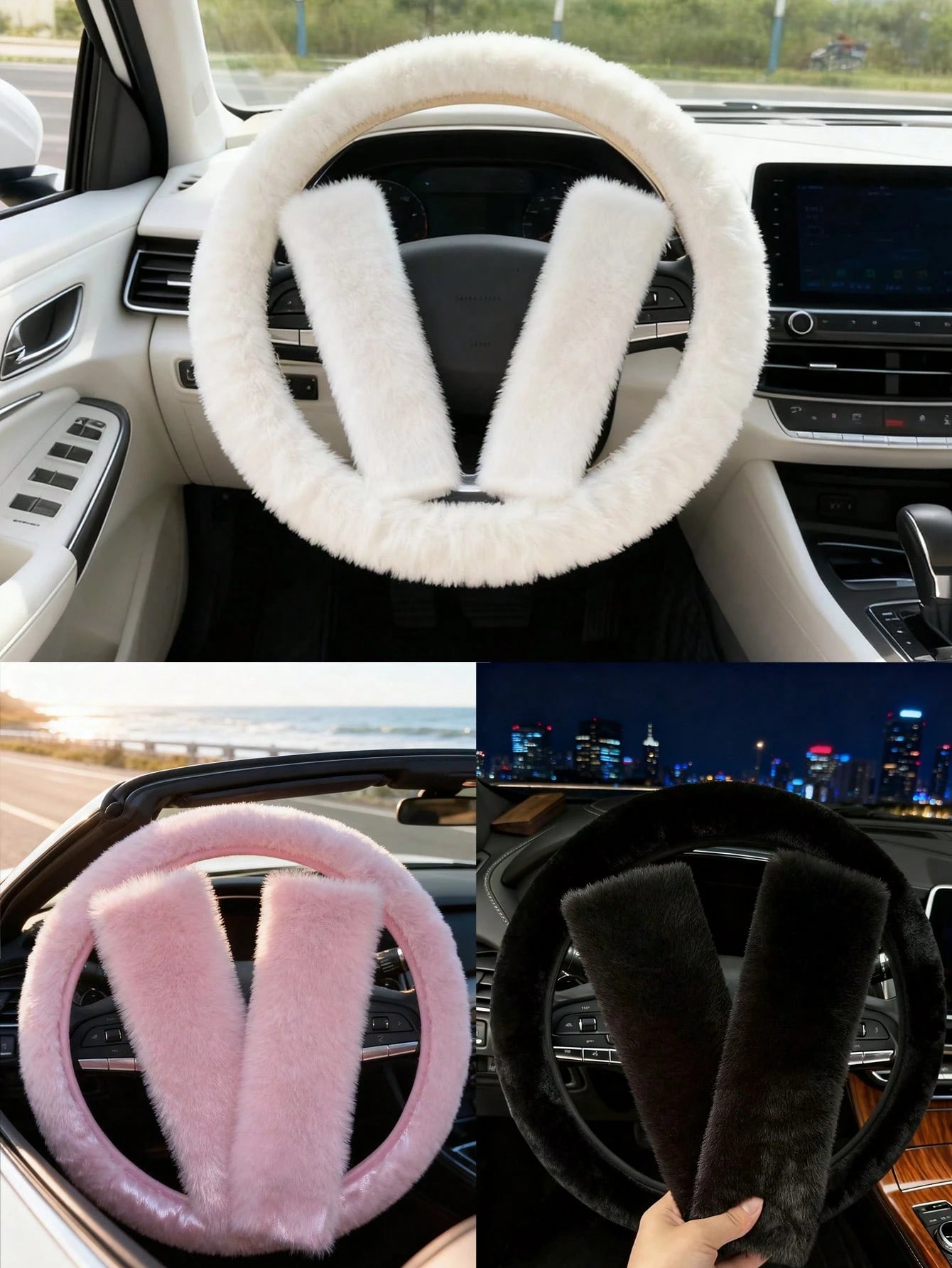 3 Piecescar Plush Steering Wheel Cover And Shoulder Pad Set, A Three Pieces Combination, Suitable For Spring, Autumn, And Winter Use.