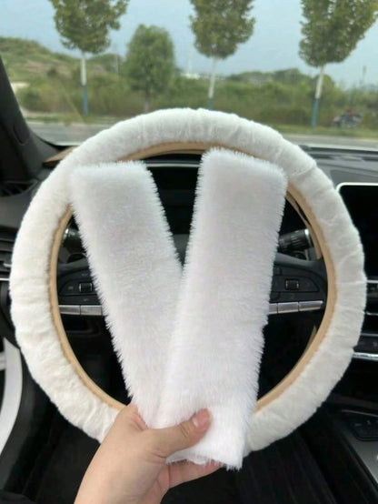 3 Piecescar Plush Steering Wheel Cover And Shoulder Pad Set, A Three Pieces Combination, Suitable For Spring, Autumn, And Winter Use.