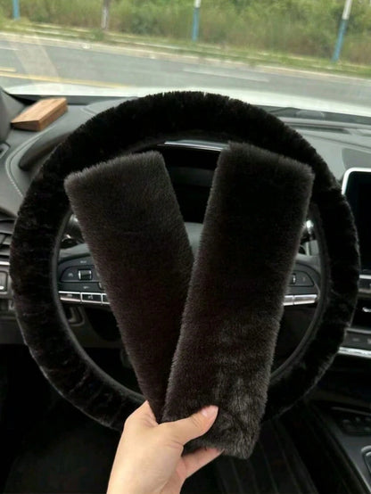 3 Piecescar Plush Steering Wheel Cover And Shoulder Pad Set, A Three Pieces Combination, Suitable For Spring, Autumn, And Winter Use.