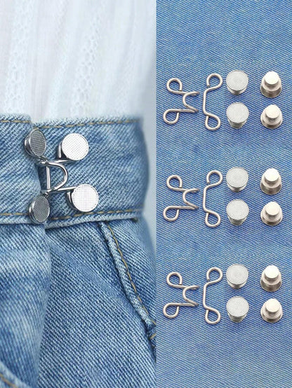 3 Set Pants Waist Tightener, Adjustable Waist Buckle Set, Extra Button For Jeans To Make Tighter, Button Adjuster For Pants, Jeans, Skirts, Sleeves (Silver)