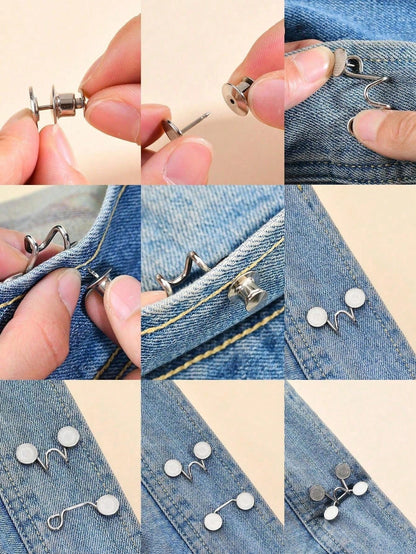 3 Set Pants Waist Tightener, Adjustable Waist Buckle Set, Extra Button For Jeans To Make Tighter, Button Adjuster For Pants, Jeans, Skirts, Sleeves (Silver)