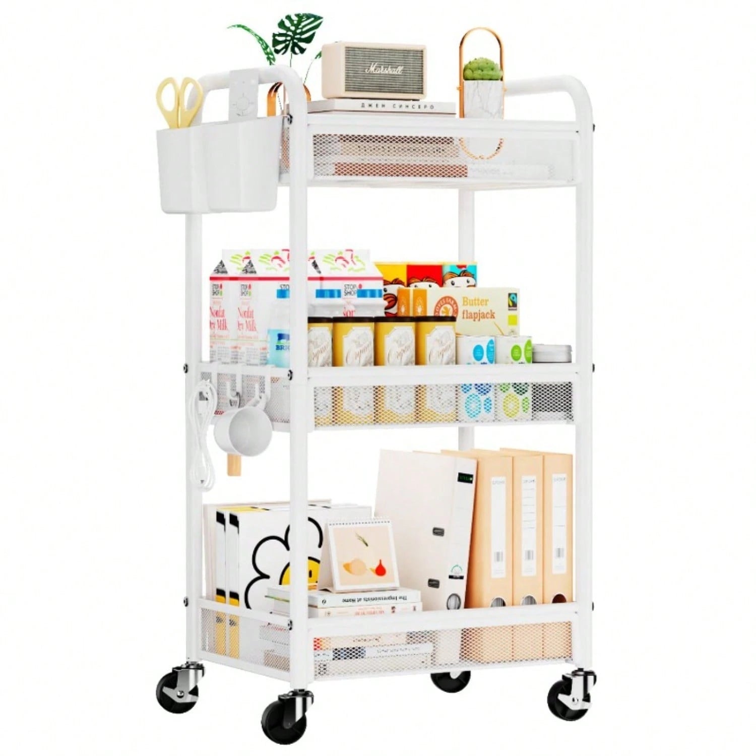 3 Tier Rolling Cart – Metal Utility Storage Carts With Wheels, Craft Cart Organizer With Hanging Cups, Hooks, Mesh Basket For Bedside Kitchen Office Art, Black