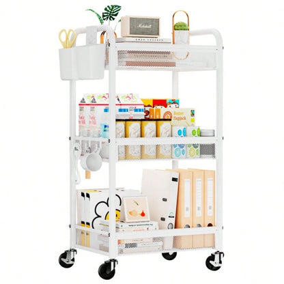 3 Tier Rolling Cart – Metal Utility Storage Carts With Wheels, Craft Cart Organizer With Hanging Cups, Hooks, Mesh Basket For Bedside Kitchen Office Art, Black