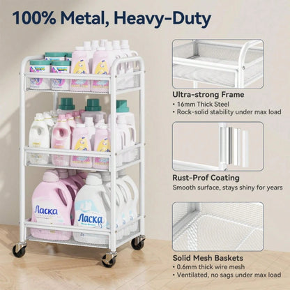 3 Tier Rolling Cart – Metal Utility Storage Carts With Wheels, Craft Cart Organizer With Hanging Cups, Hooks, Mesh Basket For Bedside Kitchen Office Art, Black