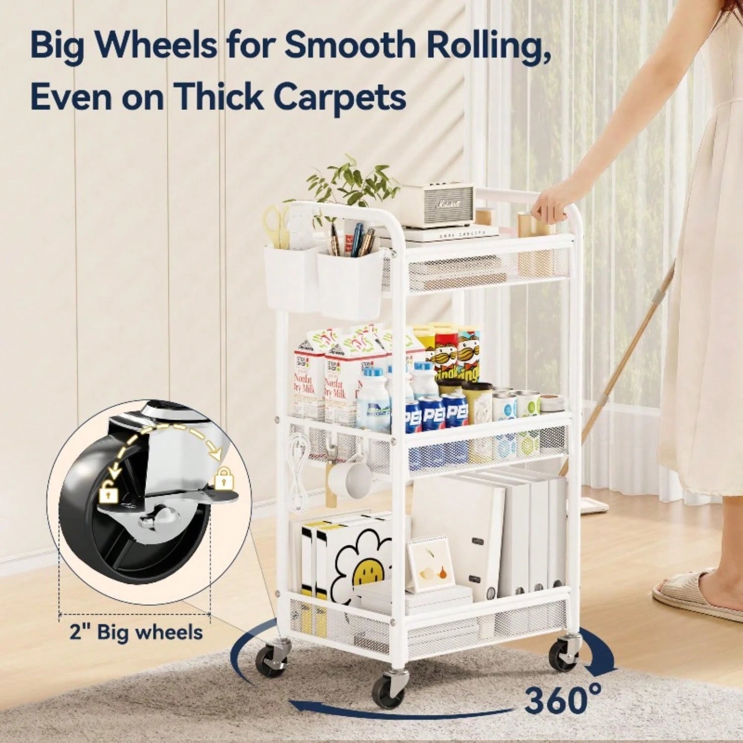 3 Tier Rolling Cart – Metal Utility Storage Carts With Wheels, Craft Cart Organizer With Hanging Cups, Hooks, Mesh Basket For Bedside Kitchen Office Art, Black
