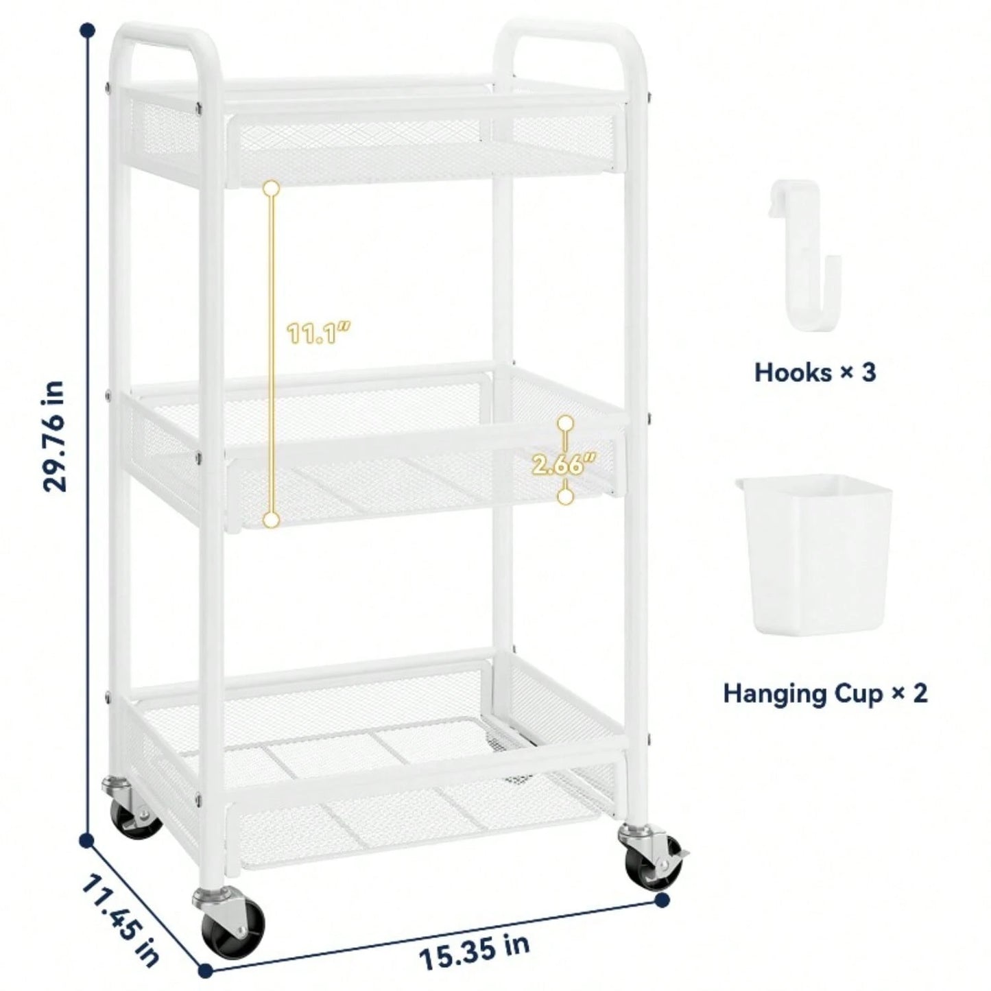 3 Tier Rolling Cart – Metal Utility Storage Carts With Wheels, Craft Cart Organizer With Hanging Cups, Hooks, Mesh Basket For Bedside Kitchen Office Art, Black