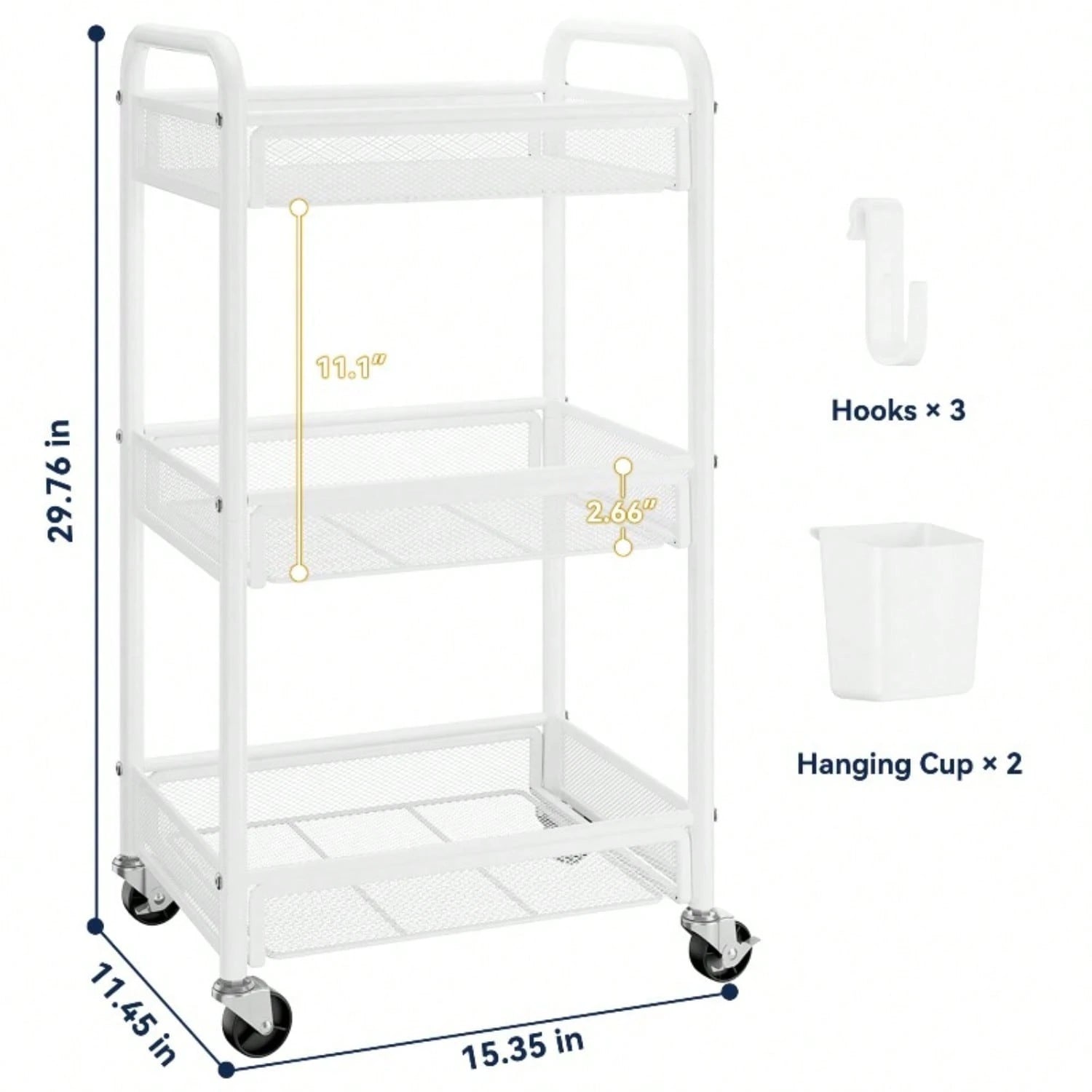 3 Tier Rolling Cart – Metal Utility Storage Carts With Wheels, Craft Cart Organizer With Hanging Cups, Hooks, Mesh Basket For Bedside Kitchen Office Art, Black