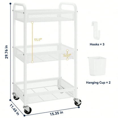 3 Tier Rolling Cart – Metal Utility Storage Carts With Wheels, Craft Cart Organizer With Hanging Cups, Hooks, Mesh Basket For Bedside Kitchen Office Art, Black