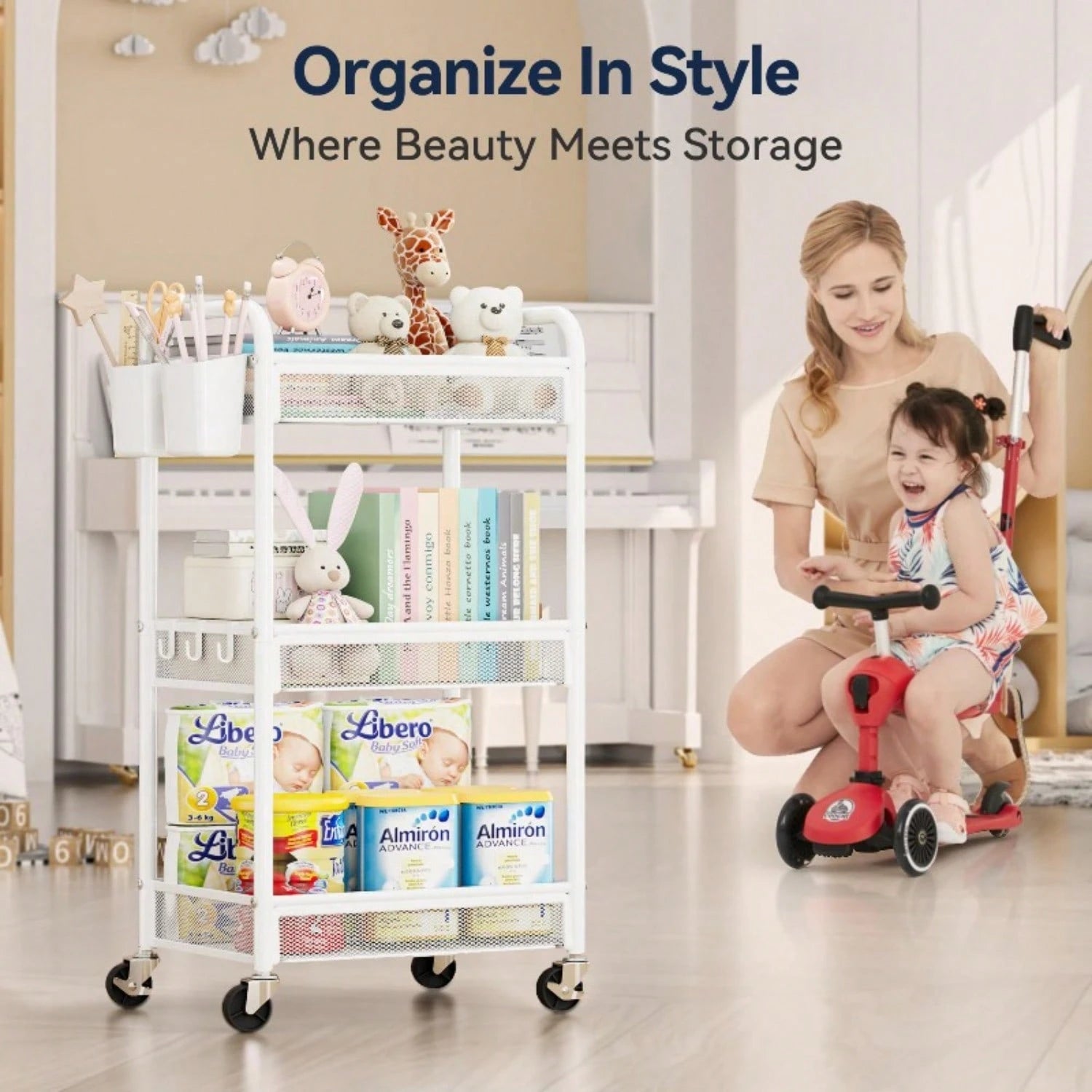 3 Tier Rolling Cart – Metal Utility Storage Carts With Wheels, Craft Cart Organizer With Hanging Cups, Hooks, Mesh Basket For Bedside Kitchen Office Art, Black