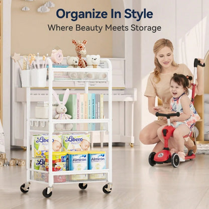 3 Tier Rolling Cart – Metal Utility Storage Carts With Wheels, Craft Cart Organizer With Hanging Cups, Hooks, Mesh Basket For Bedside Kitchen Office Art, Black