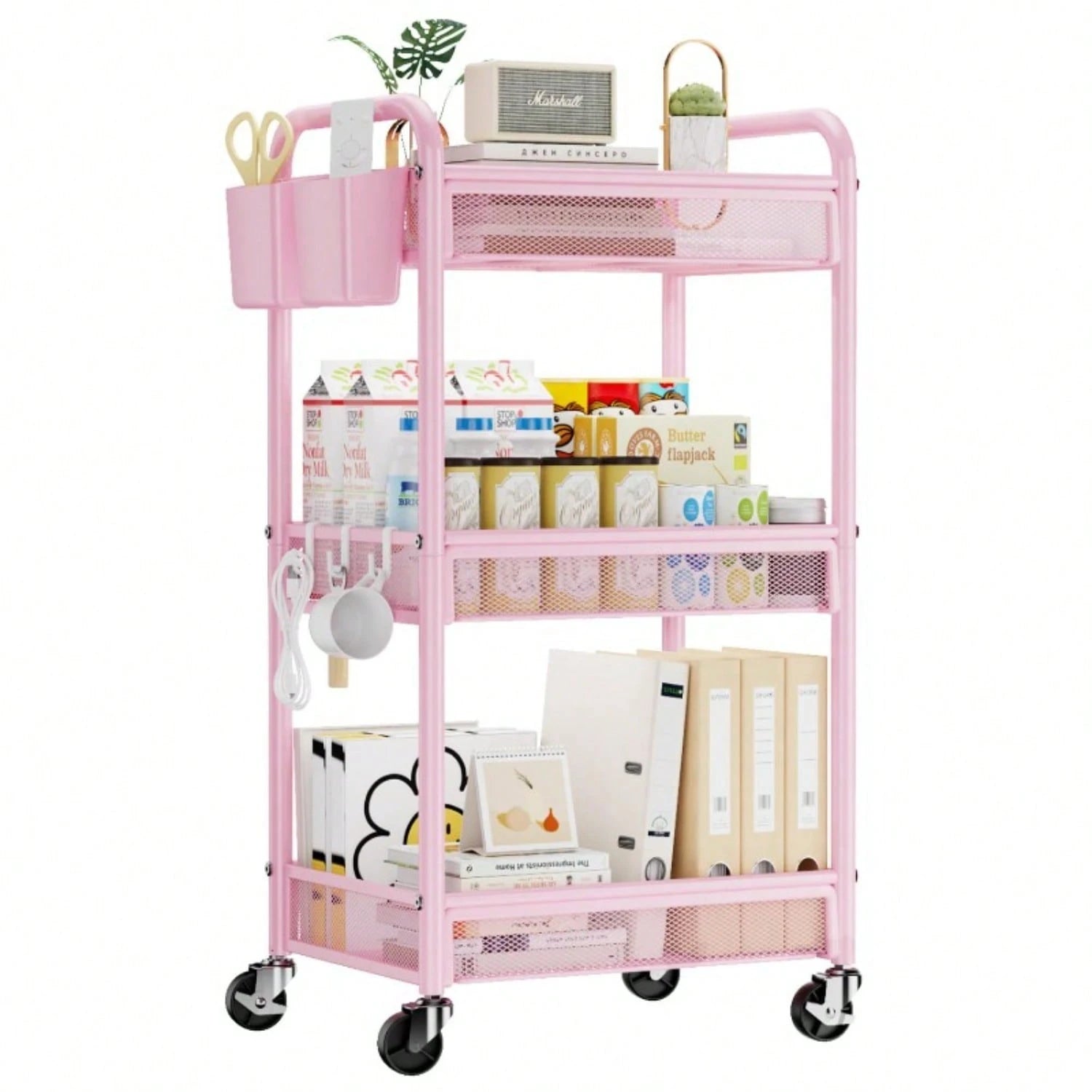 3 Tier Rolling Cart – Metal Utility Storage Carts With Wheels, Craft Cart Organizer With Hanging Cups, Hooks, Mesh Basket For Bedside Kitchen Office Art, Black