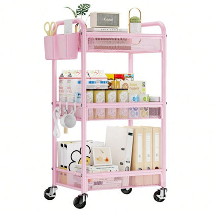 3 Tier Rolling Cart – Metal Utility Storage Carts With Wheels, Craft Cart Organizer With Hanging Cups, Hooks, Mesh Basket For Bedside Kitchen Office Art, Black