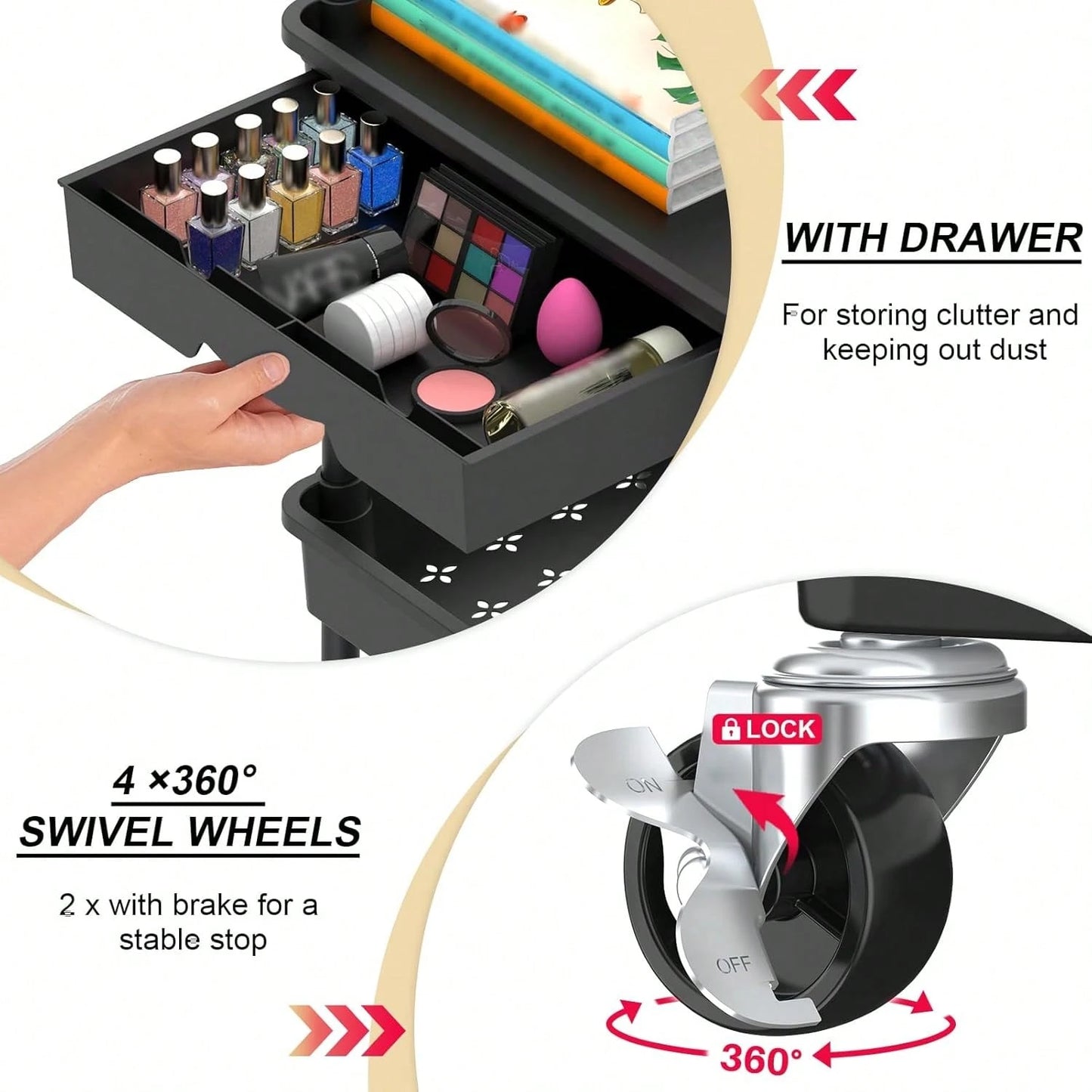 3-Tier Rolling Utility Cart With Drawer, Multifunctional Storage Organizer With Hooks & Baskets, Rolling Trolley For Bathroom, Kitchen, Bedroom, Office, Makeup
