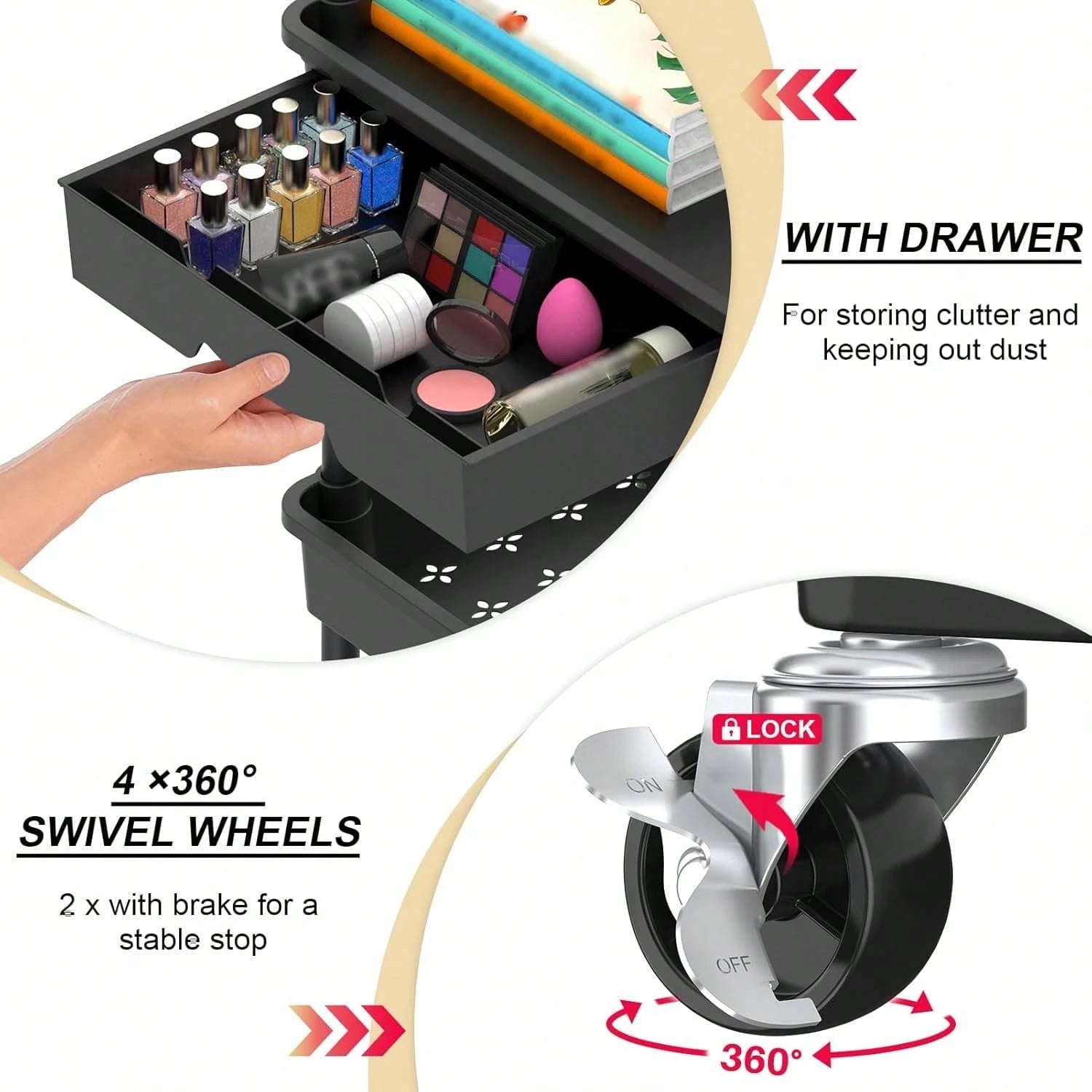 3-Tier Rolling Utility Cart With Drawer, Multifunctional Storage Organizer With Hooks & Baskets, Rolling Trolley For Bathroom, Kitchen, Bedroom, Office, Makeup