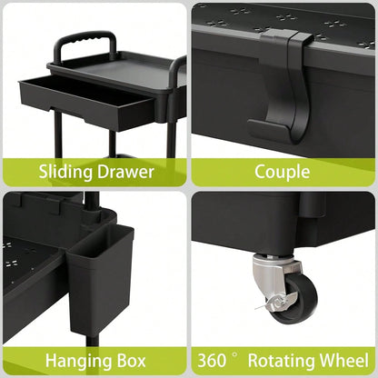 3-Tier Rolling Utility Cart With Drawer, Multifunctional Storage Organizer With Hooks & Baskets, Rolling Trolley For Bathroom, Kitchen, Bedroom, Office, Makeup