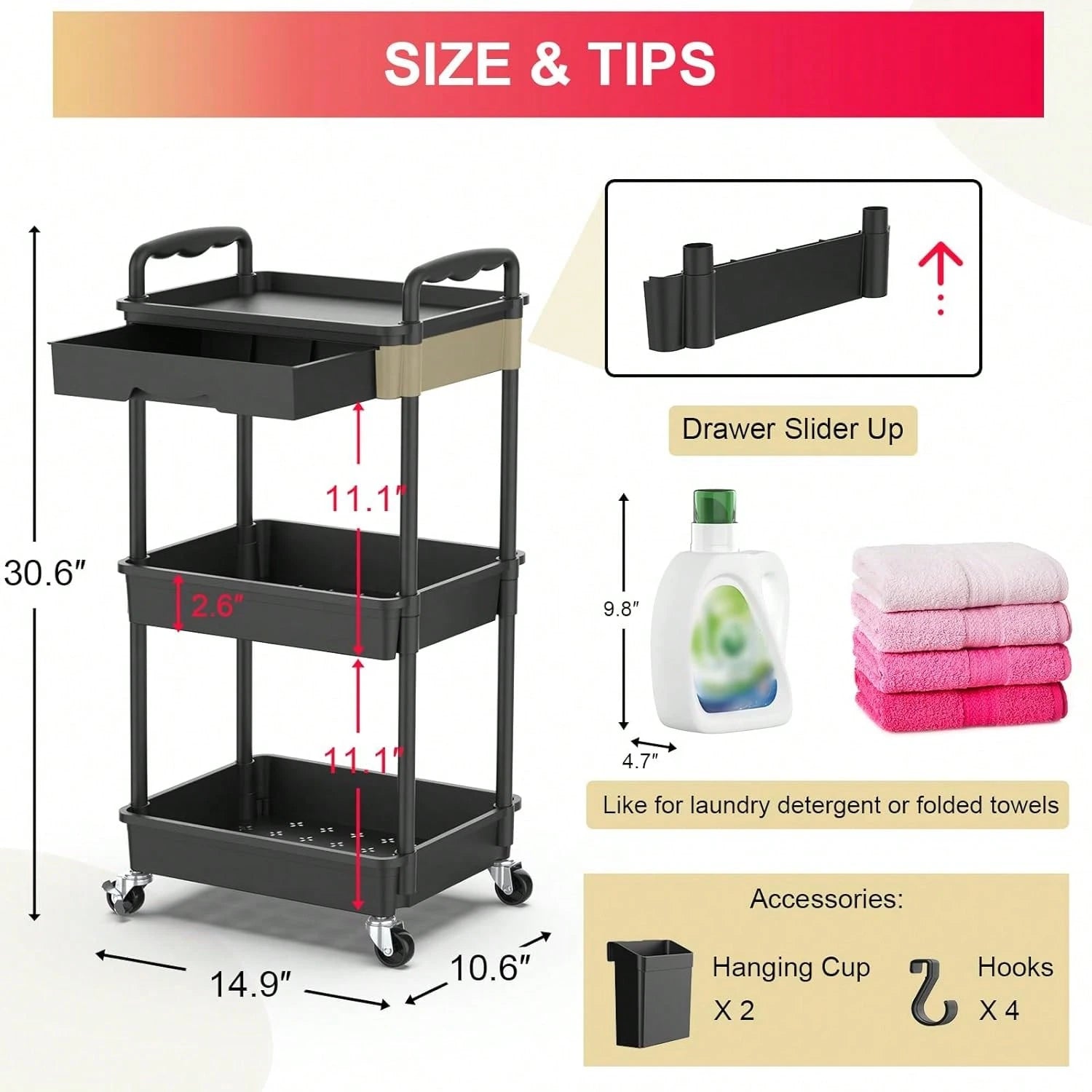 3-Tier Rolling Utility Cart With Drawer, Multifunctional Storage Organizer With Hooks & Baskets, Rolling Trolley For Bathroom, Kitchen, Bedroom, Office, Makeup
