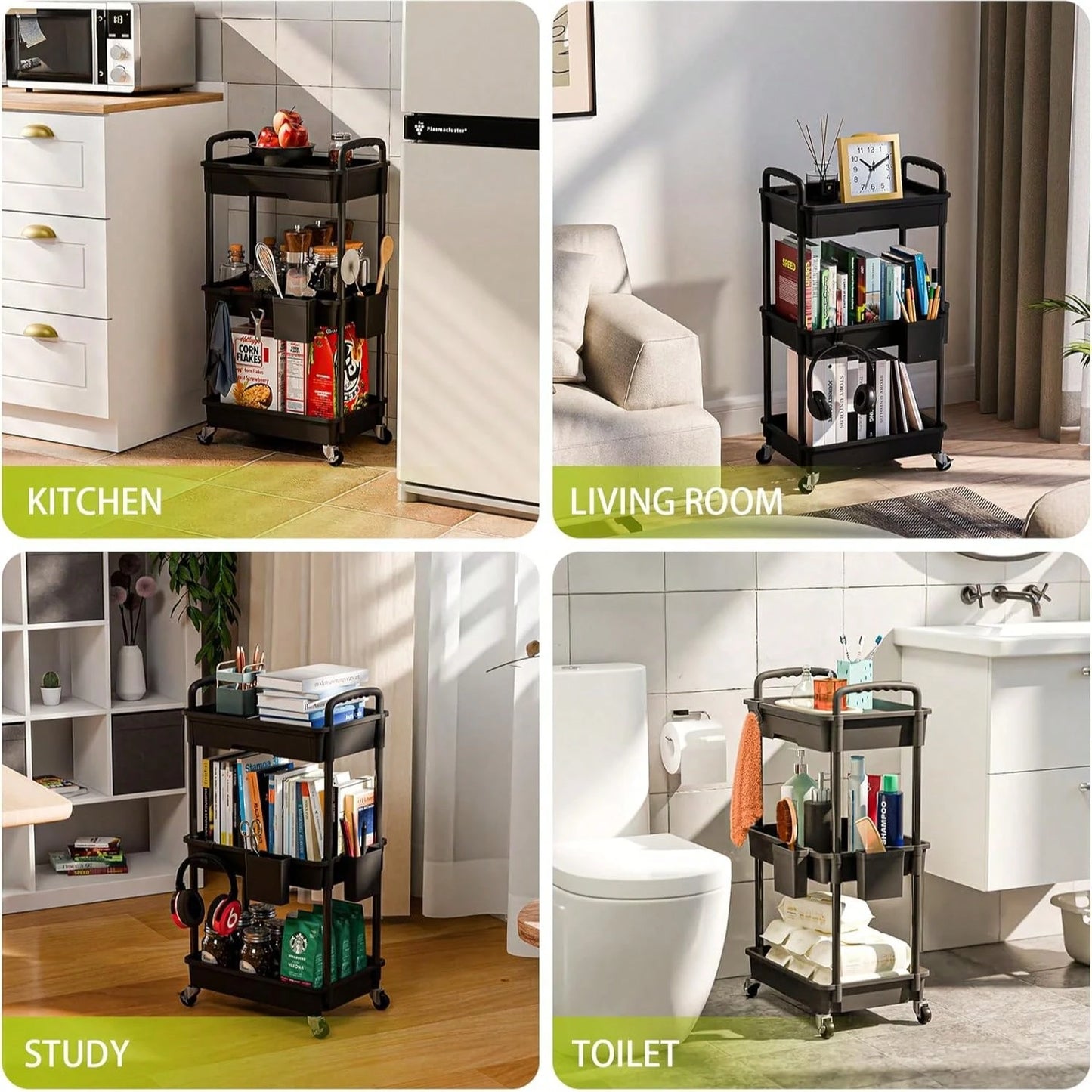 3-Tier Rolling Utility Cart With Drawer, Multifunctional Storage Organizer With Hooks & Baskets, Rolling Trolley For Bathroom, Kitchen, Bedroom, Office, Makeup