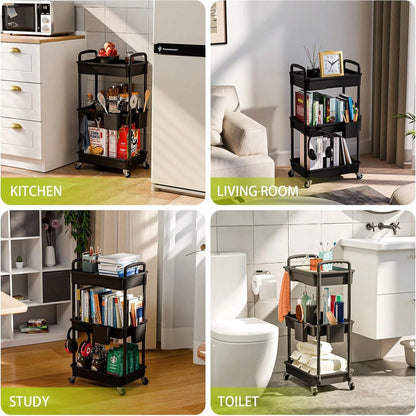 3-Tier Rolling Utility Cart With Drawer, Multifunctional Storage Organizer With Hooks & Baskets, Rolling Trolley For Bathroom, Kitchen, Bedroom, Office, Makeup