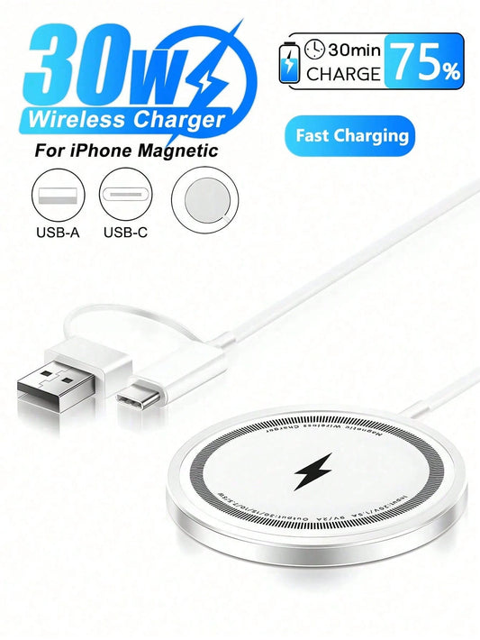 30W Magnetic Wireless Charger Compatible With For IPhone 17 16 12 13 14 15 Pro Max Plus Mini USB Type C Fast Charging Phone PD Fast Charger Cable Accessories