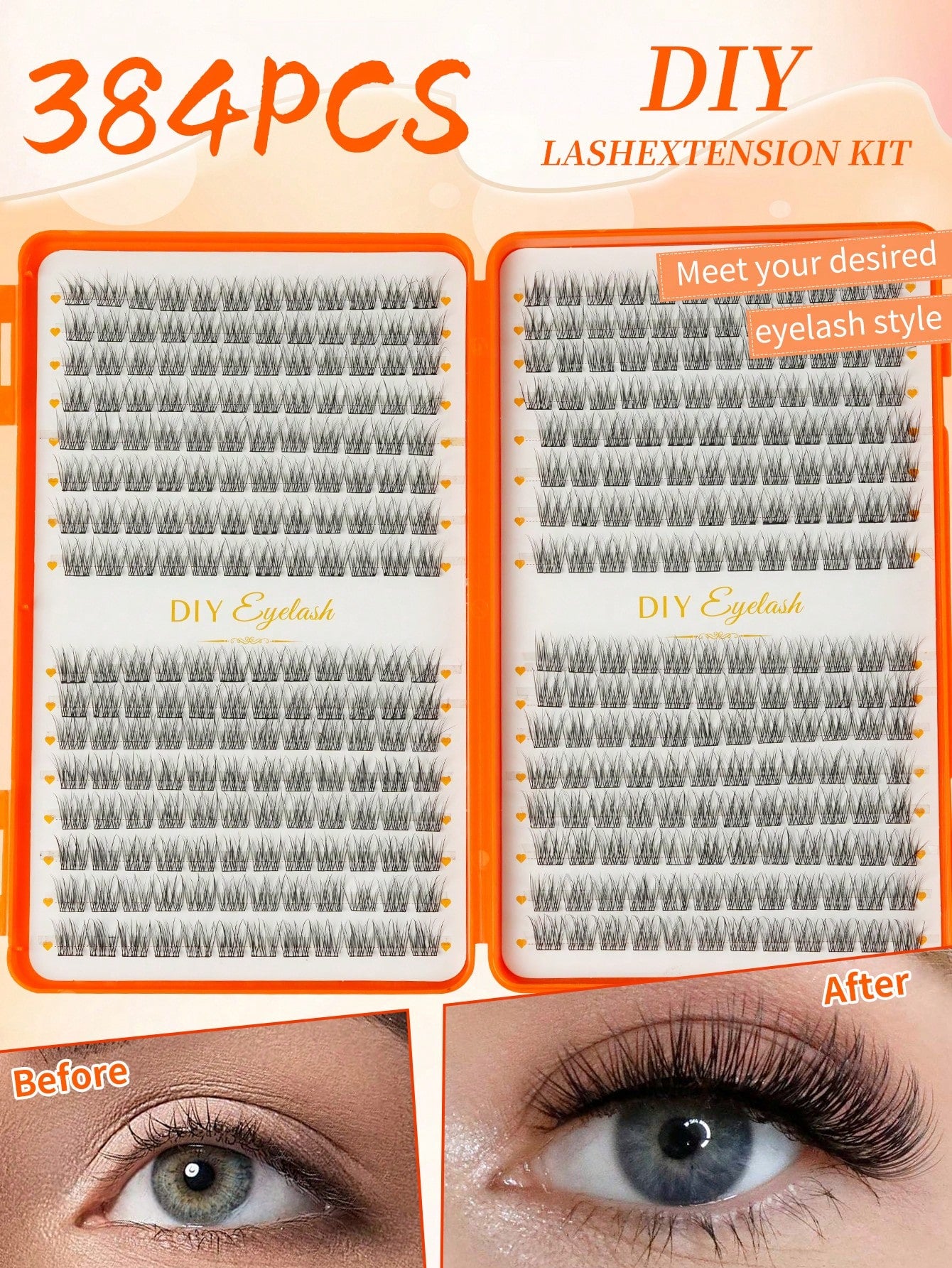 384pcs D-Curl Cluster False Eyelashes, Large Capacity Individual Lash Set, Thick Fluffy Wispy Mixed Styles, Long-Lasting Dense Makeup For Beginners