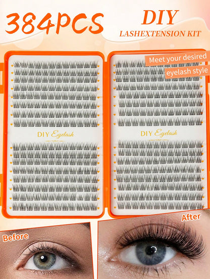 384pcs D-Curl Cluster False Eyelashes, Large Capacity Individual Lash Set, Thick Fluffy Wispy Mixed Styles, Long-Lasting Dense Makeup For Beginners