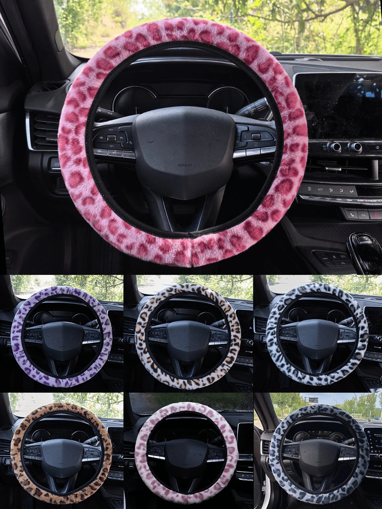 38cm Leopard Print Plush Steering Wheel Cover, Universal Anti-Slip Warm Plush Car Interior Accessory Fit For Most Sedans And SUVs
