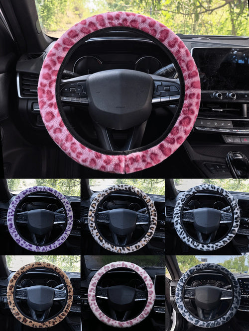 38cm Leopard Print Plush Steering Wheel Cover, Universal Anti-Slip Warm Plush Car Interior Accessory Fit For Most Sedans And SUVs