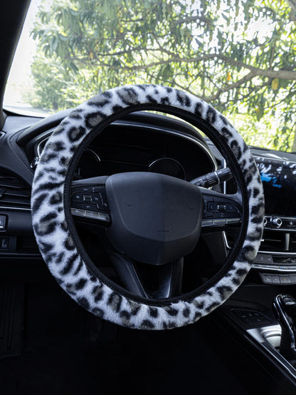 38cm Leopard Print Plush Steering Wheel Cover, Universal Anti-Slip Warm Plush Car Interior Accessory Fit For Most Sedans And SUVs