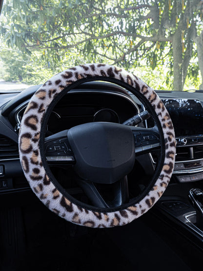 38cm Leopard Print Plush Steering Wheel Cover, Universal Anti-Slip Warm Plush Car Interior Accessory Fit For Most Sedans And SUVs