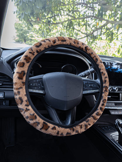 38cm Leopard Print Plush Steering Wheel Cover, Universal Anti-Slip Warm Plush Car Interior Accessory Fit For Most Sedans And SUVs