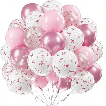 38pcs 12-Inch Pink And Transparent White Bow Print Balloons, Cute Balloon Decorations For Baby Christening Party, Princess, Girl Birthday Party, Bachelorette Party, Bow Theme Party, Gender Reveal, Bri