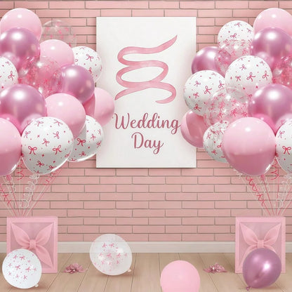 38pcs 12-Inch Pink And Transparent White Bow Print Balloons, Cute Balloon Decorations For Baby Christening Party, Princess, Girl Birthday Party, Bachelorette Party, Bow Theme Party, Gender Reveal, Bri