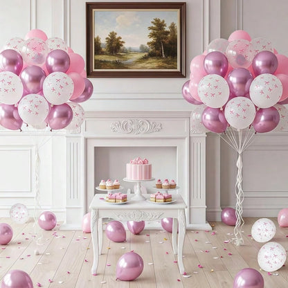 38pcs 12-Inch Pink And Transparent White Bow Print Balloons, Cute Balloon Decorations For Baby Christening Party, Princess, Girl Birthday Party, Bachelorette Party, Bow Theme Party, Gender Reveal, Bri
