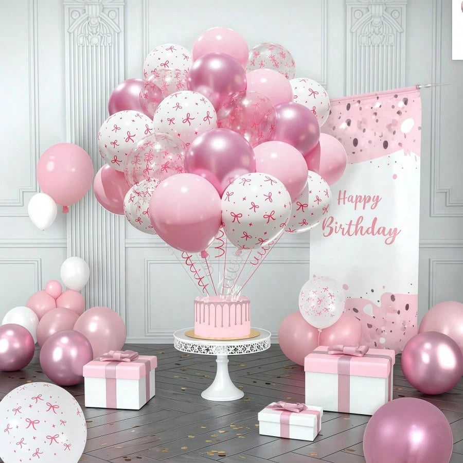 38pcs 12-Inch Pink And Transparent White Bow Print Balloons, Cute Balloon Decorations For Baby Christening Party, Princess, Girl Birthday Party, Bachelorette Party, Bow Theme Party, Gender Reveal, Bri