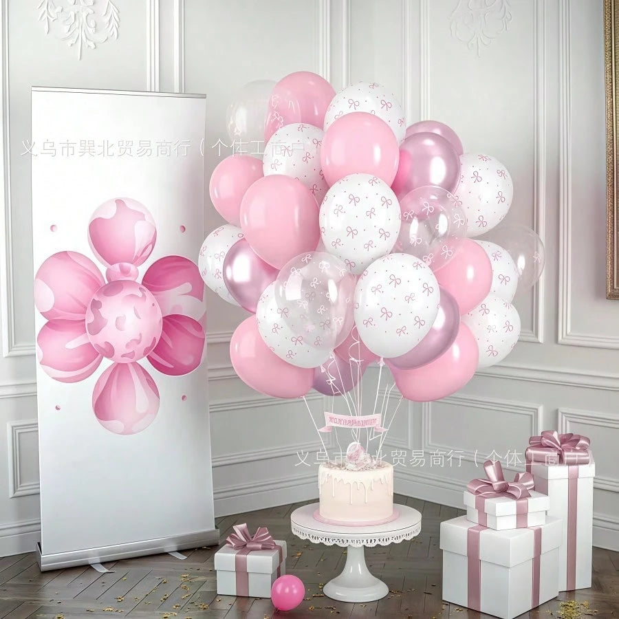 38pcs 12-Inch Pink And Transparent White Bow Print Balloons, Cute Balloon Decorations For Baby Christening Party, Princess, Girl Birthday Party, Bachelorette Party, Bow Theme Party, Gender Reveal, Bri
