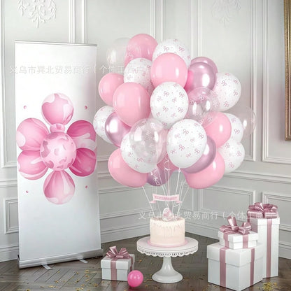 38pcs 12-Inch Pink And Transparent White Bow Print Balloons, Cute Balloon Decorations For Baby Christening Party, Princess, Girl Birthday Party, Bachelorette Party, Bow Theme Party, Gender Reveal, Bri